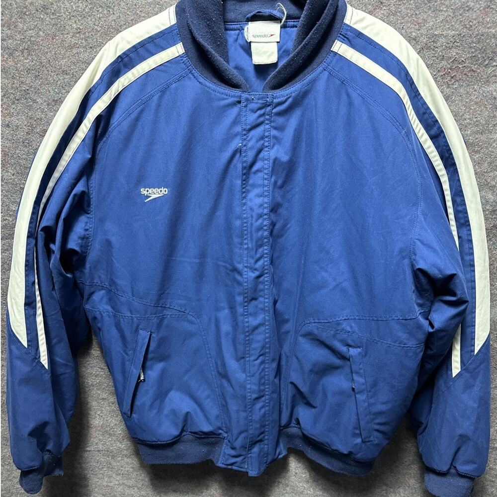 Speedo Warm Up Swim Jacket Mens Size L/XL Blue White Full Zip Wind Breaker Track